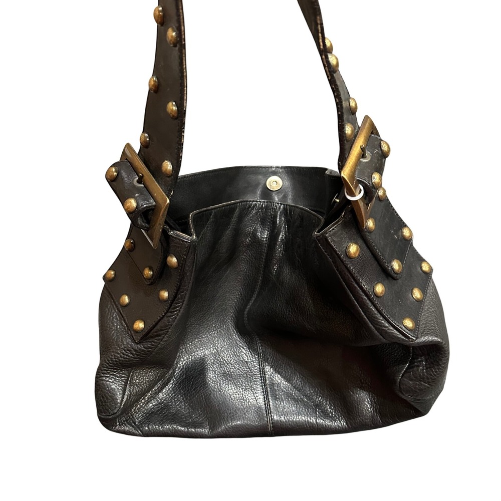 Pulicati Italia Black Leather Studded Hobo Shoulder Bag Made in Italy Brass Tone